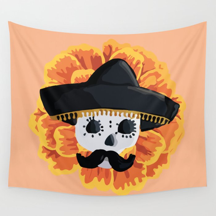 Charro mexican kawaii cute sugar skull mexican style cempasúchil mustache mexican sombrero skeleton  Wall Tapestry Gallery Image 4