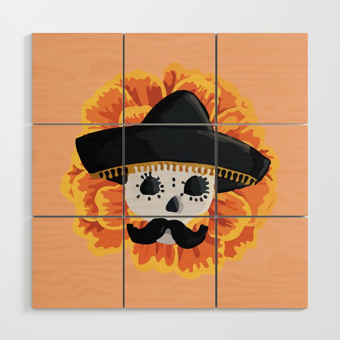 Charro mexican kawaii cute sugar skull mexican style cempasúchil mustache mexican sombrero skeleton  Wood Wall Art Gallery Image 1