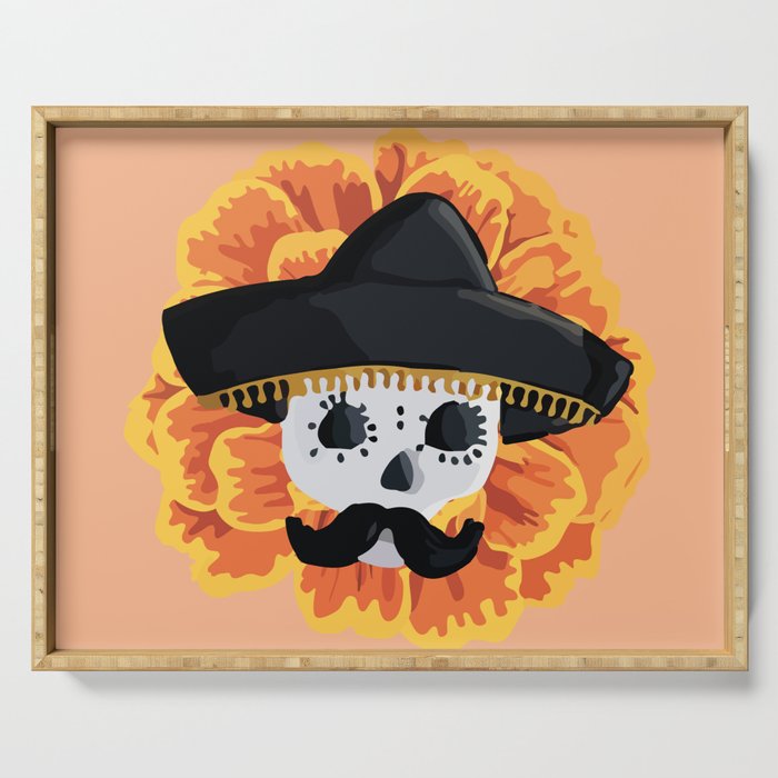 Charro mexican kawaii cute sugar skull mexican style cempasúchil mustache mexican sombrero skeleton  Serving Tray Gallery Image 1