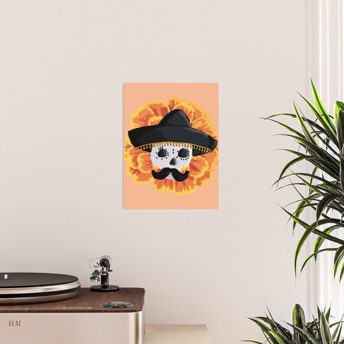 Charro mexican kawaii cute sugar skull mexican style cempasúchil mustache mexican sombrero skeleton  Poster Gallery Image 2