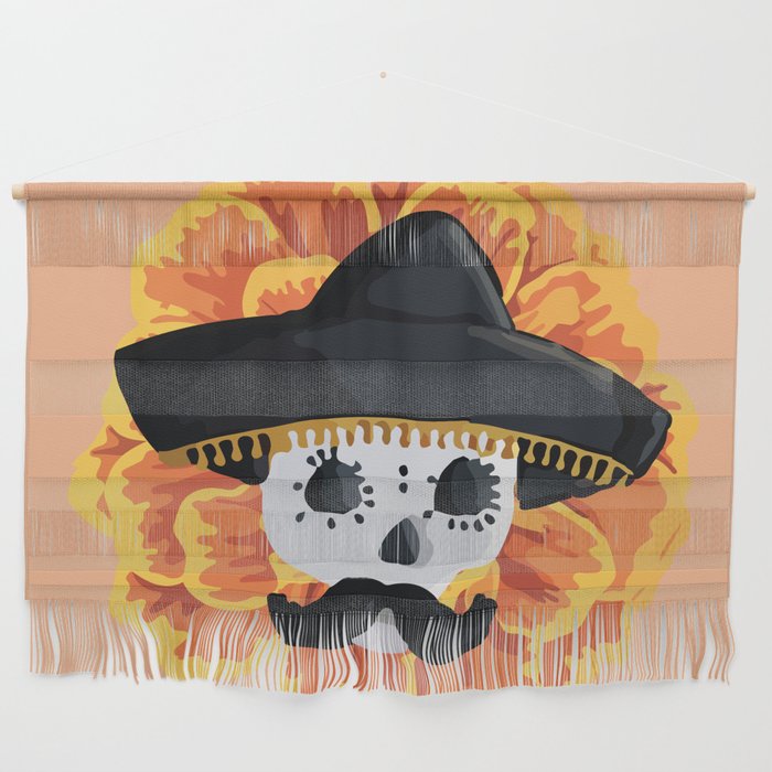 Charro mexican kawaii cute sugar skull mexican style cempasúchil mustache mexican sombrero skeleton  Wall Hanging Gallery Image 1