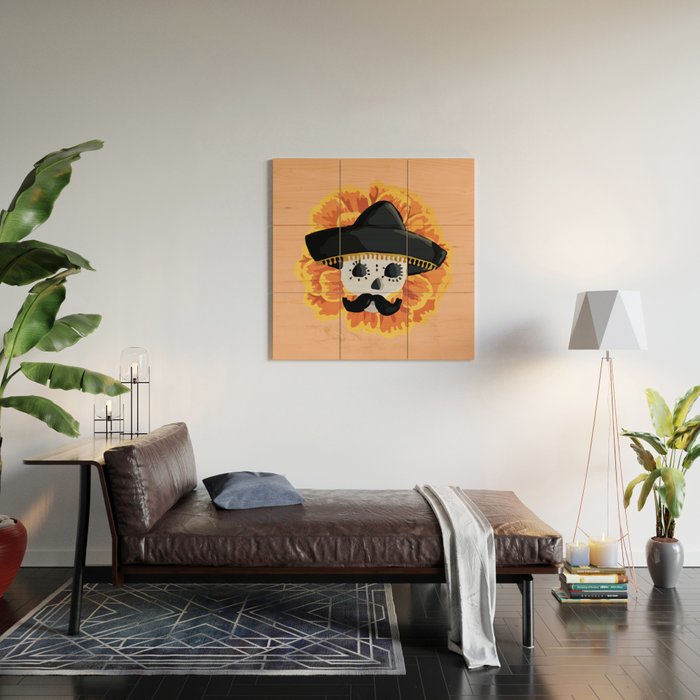 Charro mexican kawaii cute sugar skull mexican style cempasúchil mustache mexican sombrero skeleton  Wood Wall Art Gallery Image 2