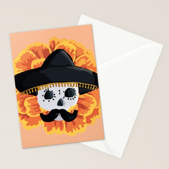 Charro mexican kawaii cute sugar skull mexican style cempasúchil mustache mexican sombrero skeleton  Stationery Card Gallery Image 2