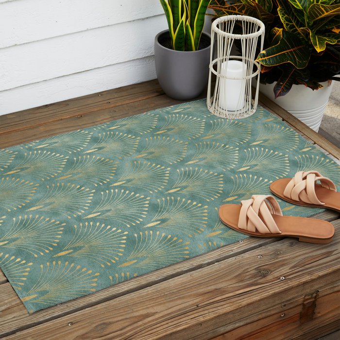 Art Deco, Decorative Leaf Pattern Outdoor Rug Gallery Image 2
