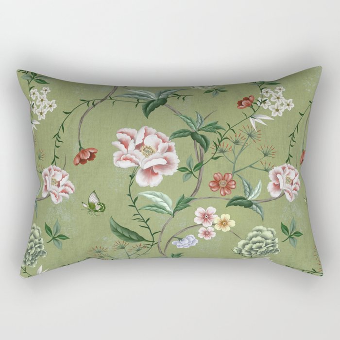 Chinoiserie Regency green, florals Rectangular Pillow Gallery Image 1
