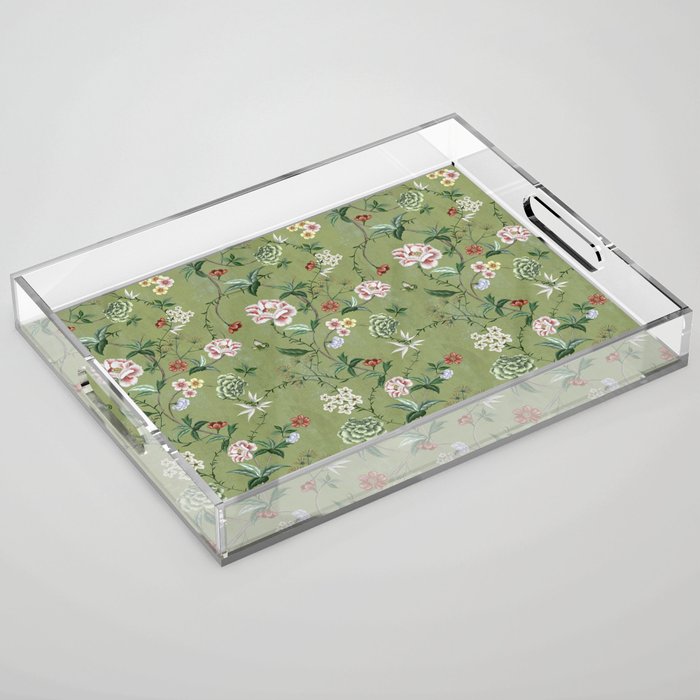 Chinoiserie Regency green, florals Acrylic Tray Gallery Image 1