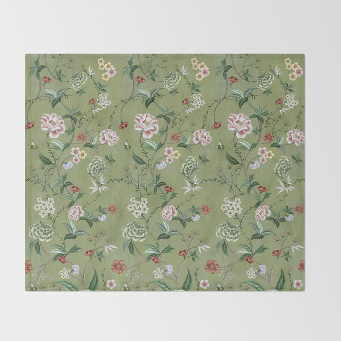 Chinoiserie Regency green, florals Throw Blanket Gallery Image 2