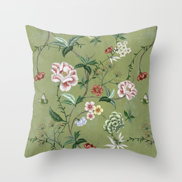 Chinoiserie Regency green, florals Throw Pillow Gallery Image 1