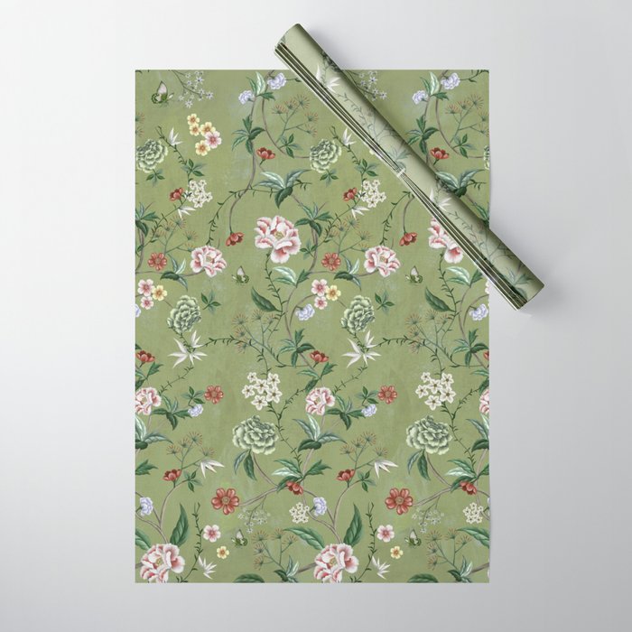 Chinoiserie Regency green, florals Wrapping Paper Gallery Image 1