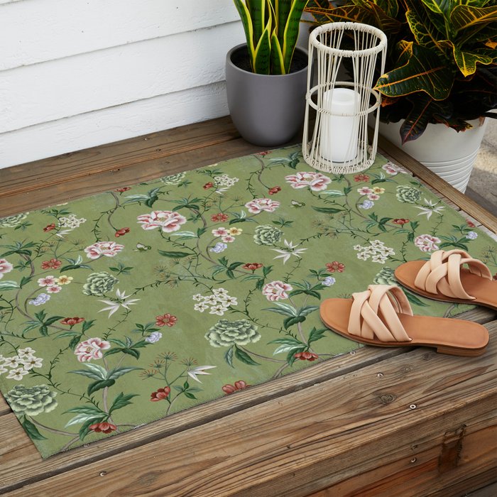 Chinoiserie Regency green, florals Outdoor Rug Gallery Image 2