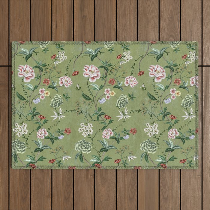 Chinoiserie Regency green, florals Outdoor Rug Gallery Image 1