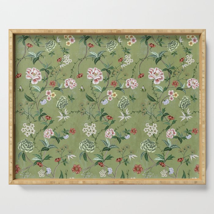 Chinoiserie Regency green, florals Serving Tray Gallery Image 1