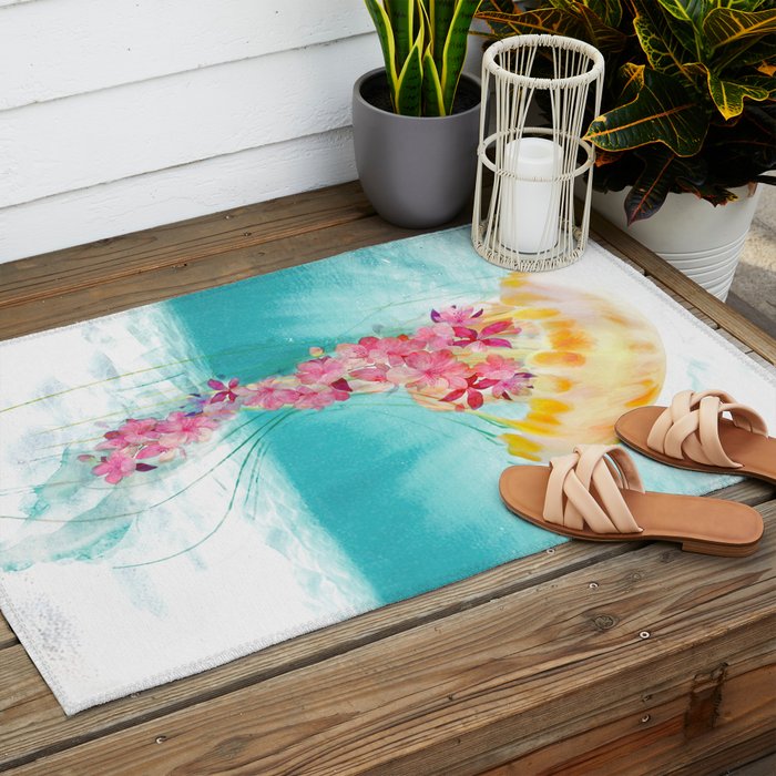 Jellyfish with Flowers Outdoor Rug Gallery Image 2