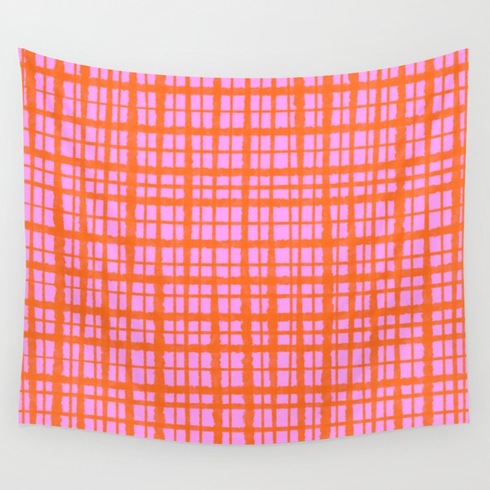 Retro Picnic Plaid Pattern Pink Orange Wall Tapestry Gallery Image 4