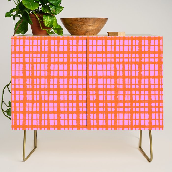 Retro Picnic Plaid Pattern Pink Orange Credenza Gallery Image 1