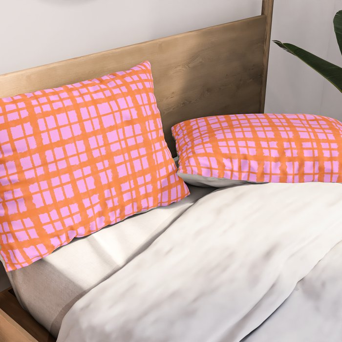 Retro Picnic Plaid Pattern Pink Orange Pillow Sham Gallery Image 2