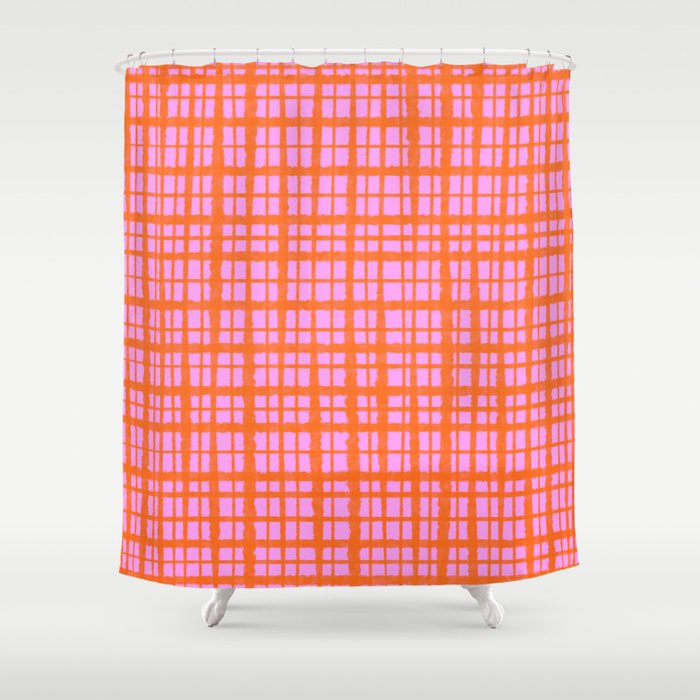Retro Picnic Plaid Pattern Pink Orange Shower Curtain Gallery Image 1