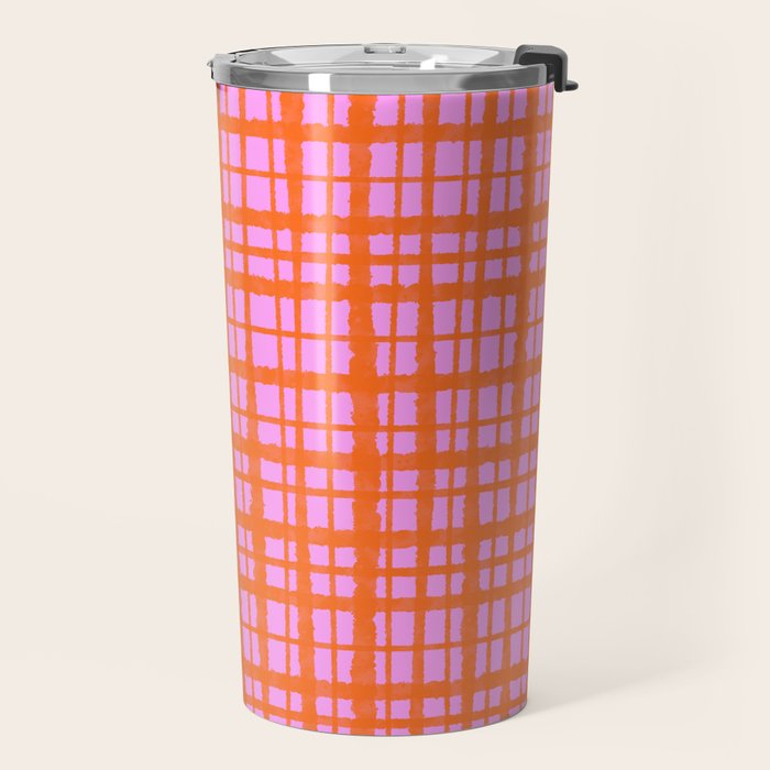 Retro Picnic Plaid Pattern Pink Orange Travel Mug Gallery Image 2