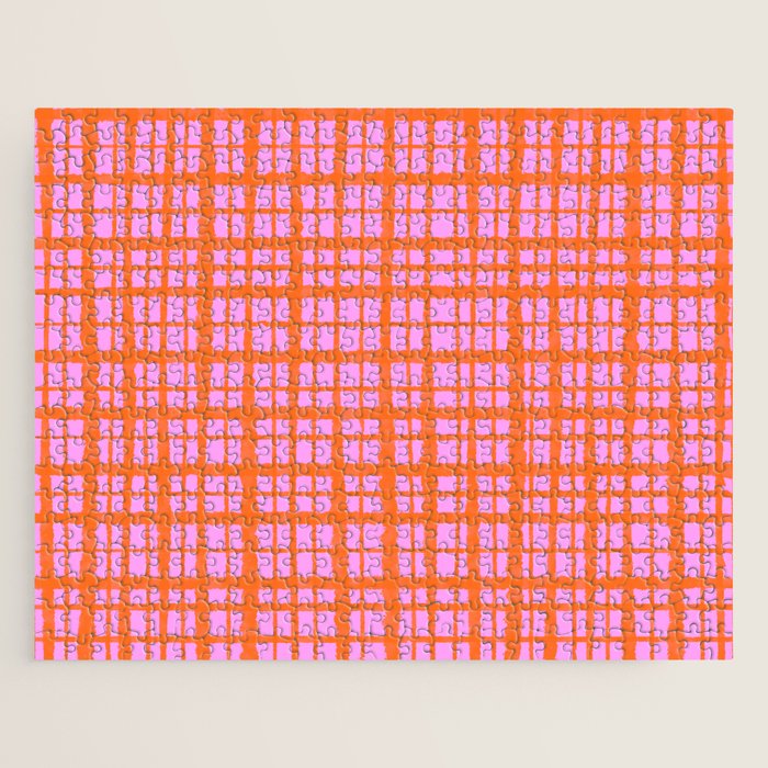 Retro Picnic Plaid Pattern Pink Orange Jigsaw Puzzle Gallery Image 1