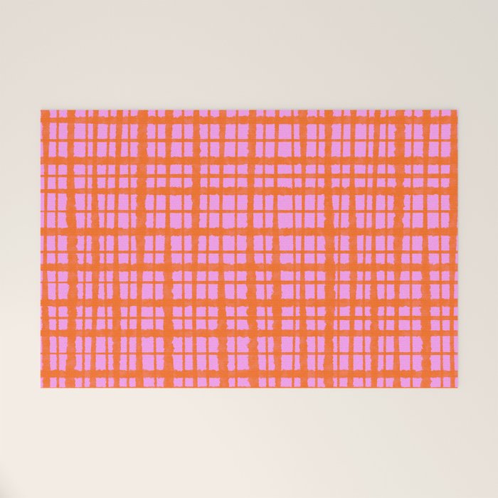 Retro Picnic Plaid Pattern Pink Orange Welcome Mat Gallery Image 1