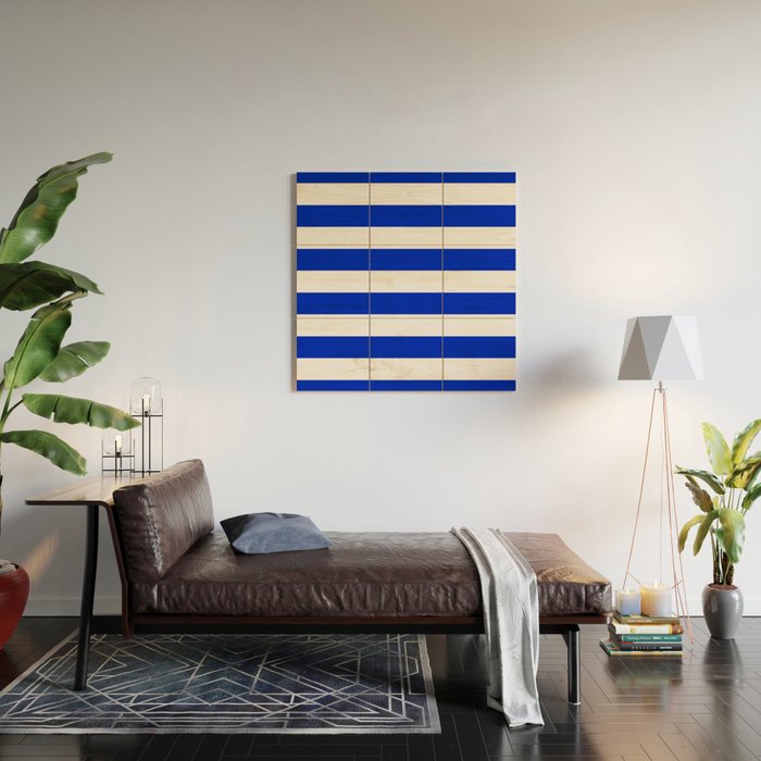 Cobalt Blue and White Wide Cabana Tent Stripe Wood Wall Art Gallery Image 2