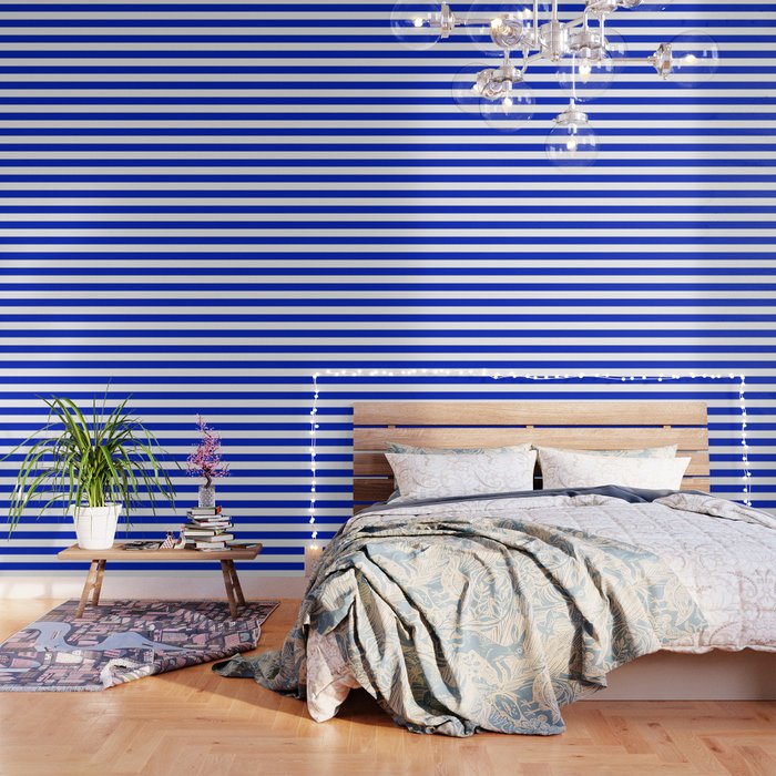 Cobalt Blue and White Wide Cabana Tent Stripe Wallpaper Gallery Image 1