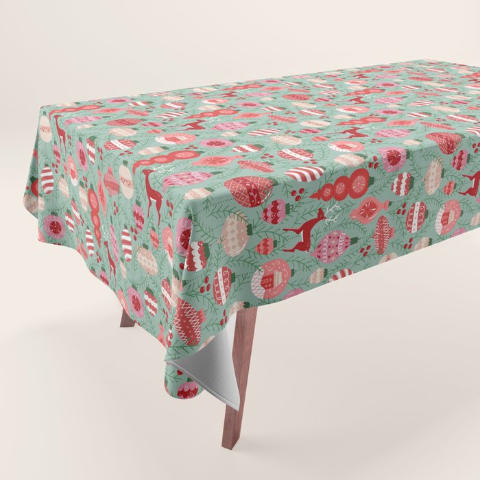 Mid-Century Ornaments in Red and Mint Tablecloth Gallery Image 1