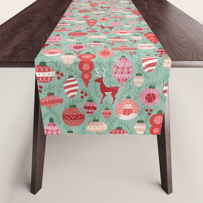 Mid-Century Ornaments in Red and Mint Table Runner Gallery Image 1
