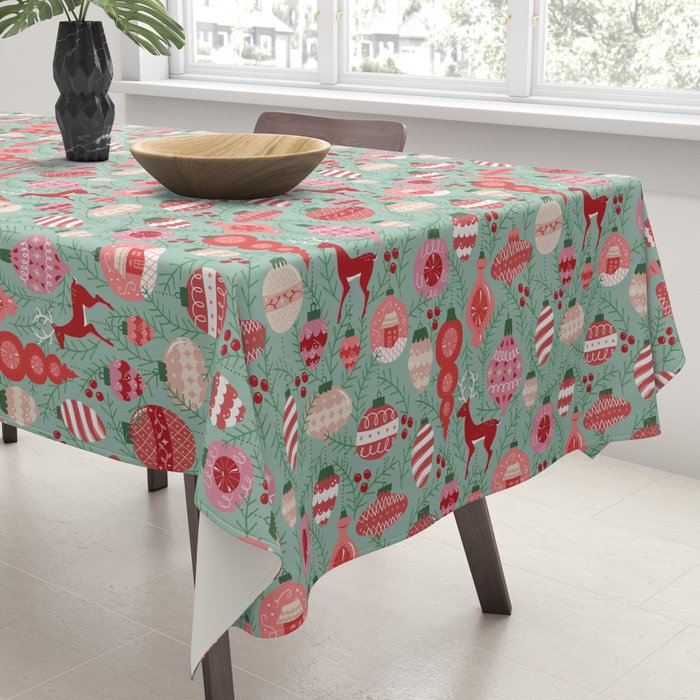 Mid-Century Ornaments in Red and Mint Tablecloth Gallery Image 3