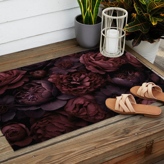 Victorian Grandeur Large Opulent Flowers Burgundy Red Outdoor Rug Gallery Image 2