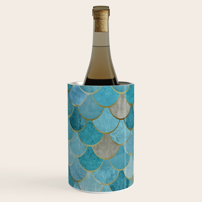 Moroccan Fish Scale Mermaid Pattern, Teal Blue and Gold Wine Chiller Gallery Image 3