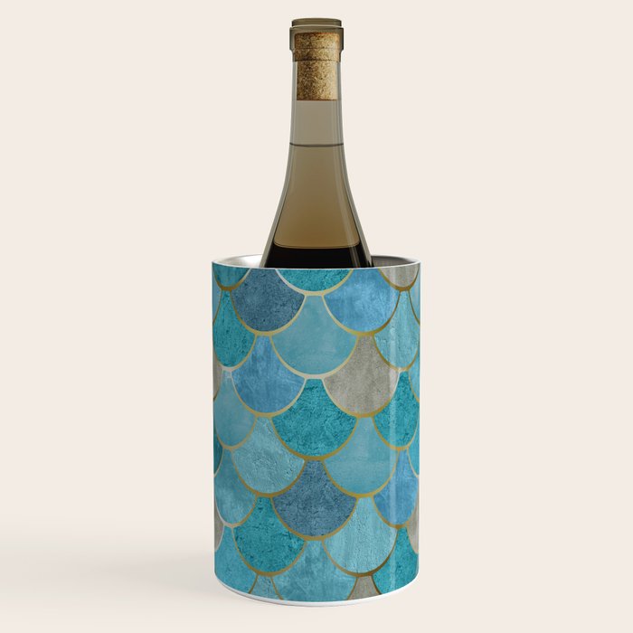 Moroccan Fish Scale Mermaid Pattern, Teal Blue and Gold Wine Chiller Gallery Image 2