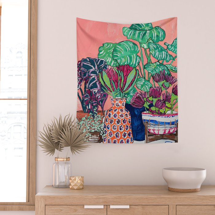 Cluster of Houseplants and Proteas on Pink Still Life Painting Wall Tapestry Gallery Image 2