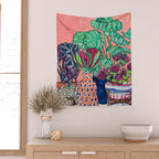 Cluster of Houseplants and Proteas on Pink Still Life Painting Wall Tapestry Gallery Image 2