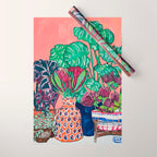 Cluster of Houseplants and Proteas on Pink Still Life Painting Wrapping Paper Gallery Image 1