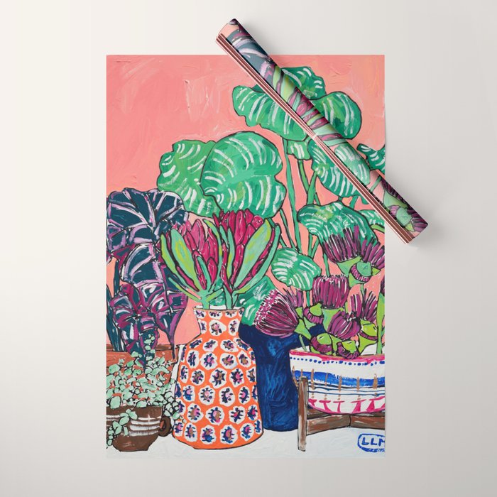 Cluster of Houseplants and Proteas on Pink Still Life Painting Wrapping Paper Gallery Image 1