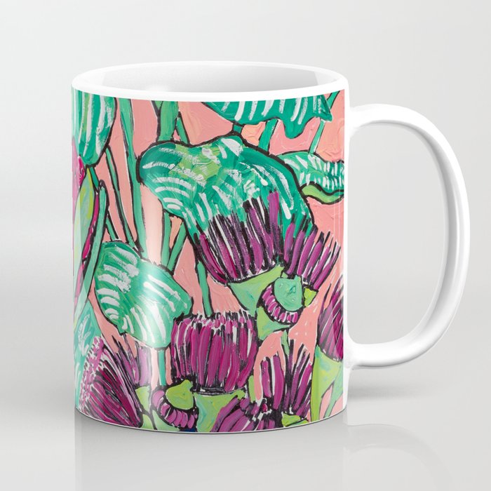 Cluster of Houseplants and Proteas on Pink Still Life Painting Coffee Mug Gallery Image 1