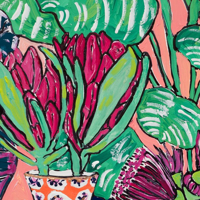 Cluster of Houseplants and Proteas on Pink Still Life Painting Coffee Mug Gallery Image 2