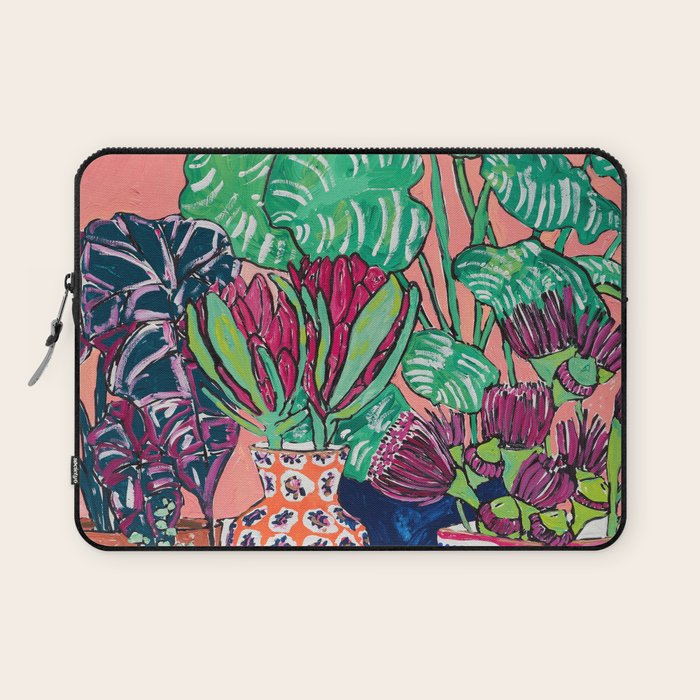 Cluster of Houseplants and Proteas on Pink Still Life Painting Laptop Sleeve Gallery Image 1