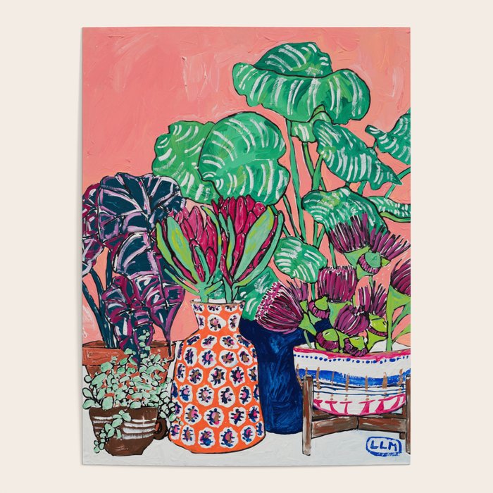 Cluster of Houseplants and Proteas on Pink Still Life Painting Poster Gallery Image 4