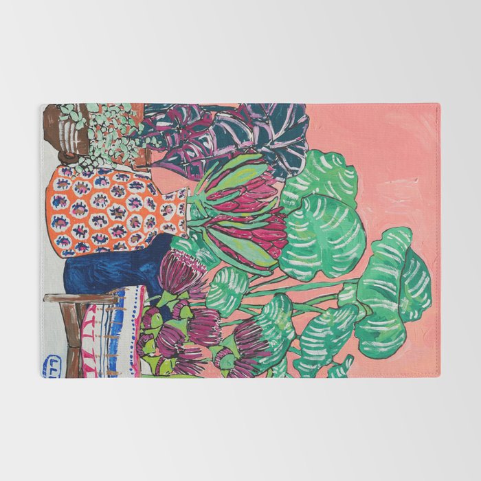 Cluster of Houseplants and Proteas on Pink Still Life Painting Rug Gallery Image 2