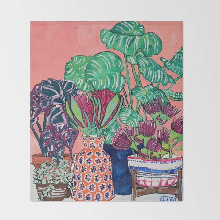 Cluster of Houseplants and Proteas on Pink Still Life Painting Throw Blanket Gallery Image 2