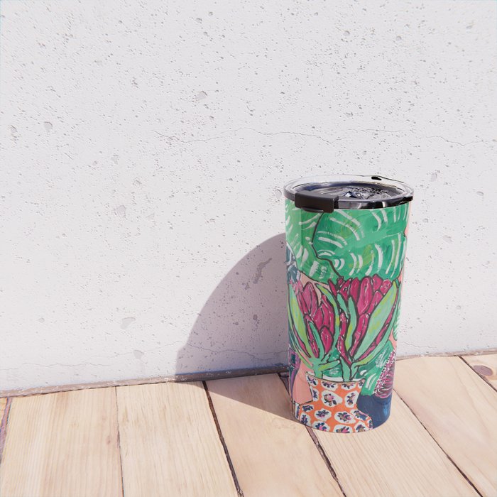 Cluster of Houseplants and Proteas on Pink Still Life Painting Travel Mug Gallery Image 4