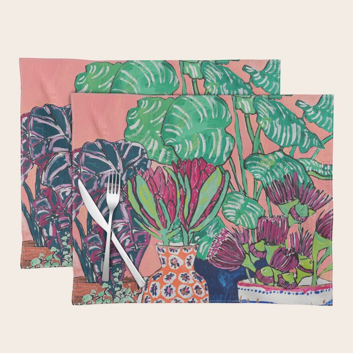 Cluster of Houseplants and Proteas on Pink Still Life Painting Placemat Gallery Image 1