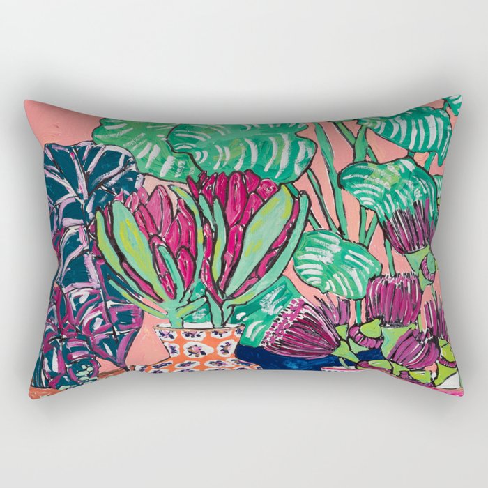 Cluster of Houseplants and Proteas on Pink Still Life Painting Rectangular Pillow Gallery Image 2