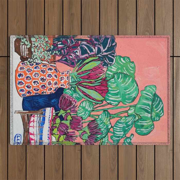 Cluster of Houseplants and Proteas on Pink Still Life Painting Outdoor Rug Gallery Image 1