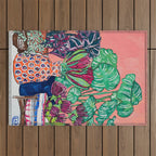 Cluster of Houseplants and Proteas on Pink Still Life Painting Outdoor Rug Gallery Image 1