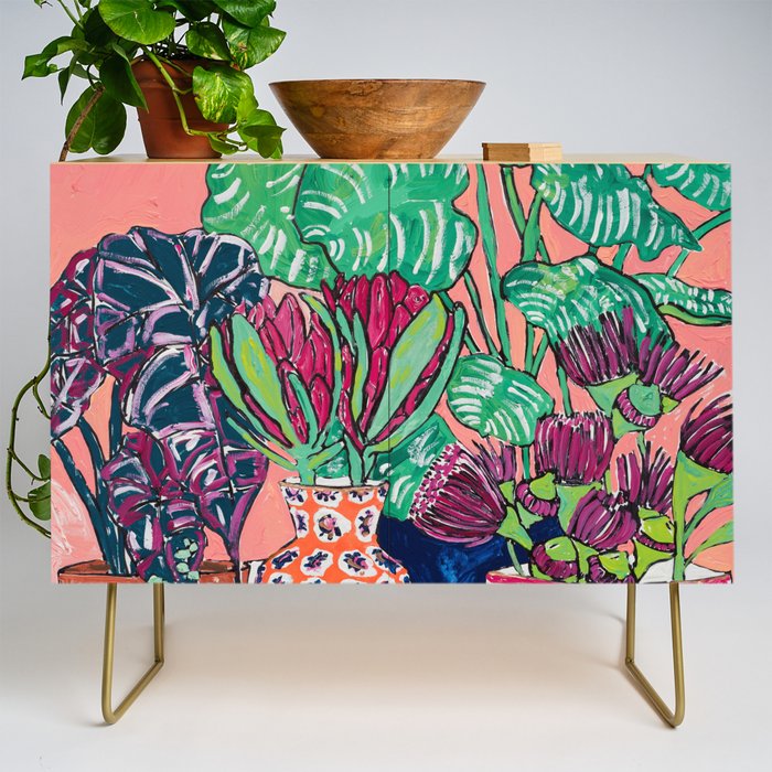 Cluster of Houseplants and Proteas on Pink Still Life Painting Credenza Gallery Image 1