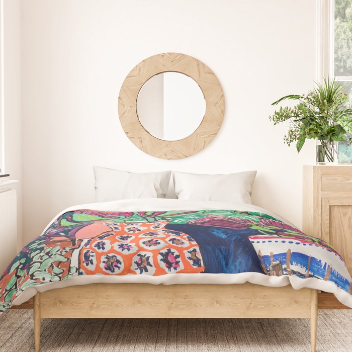 Cluster of Houseplants and Proteas on Pink Still Life Painting Duvet Cover Gallery Image 3
