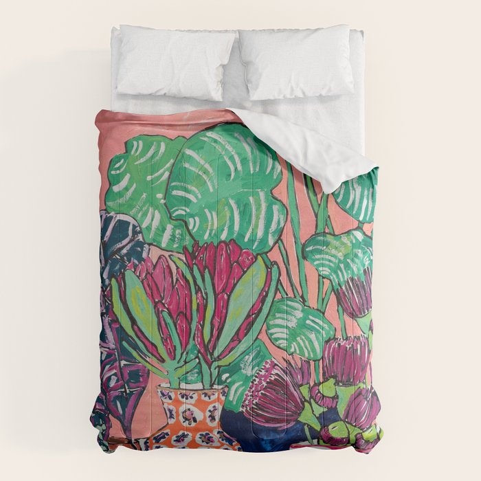 Cluster of Houseplants and Proteas on Pink Still Life Painting Comforter Gallery Image 6